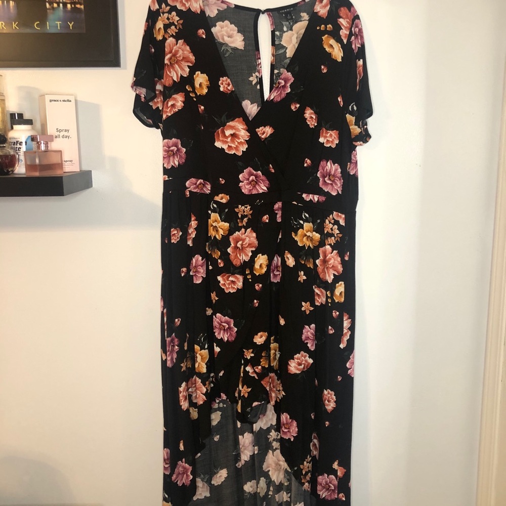 Black with flowers wrap high-low dress